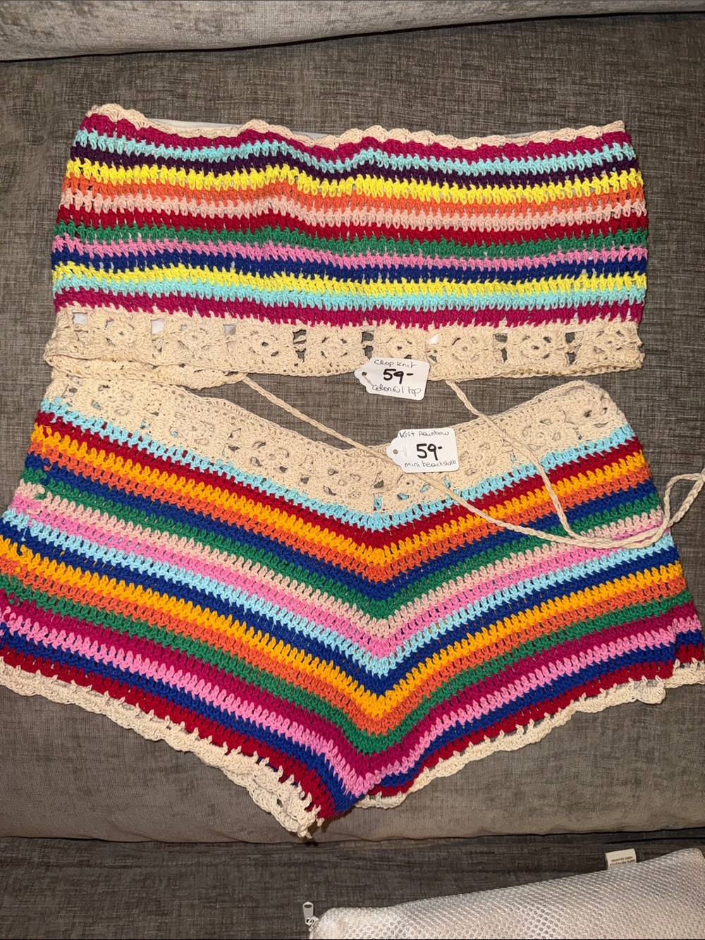HAND MADE Crochet Rainbow Stripe Tank Top with Cream Trim & Matchig Shorts